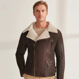 OXVOLT Brown Suede Shearling Leather Jacket for Men