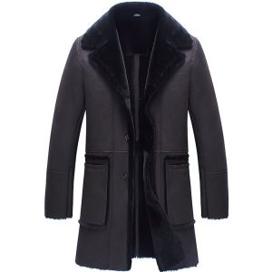 Mens Vintage Black Shearling Sheepskin Trench Coat