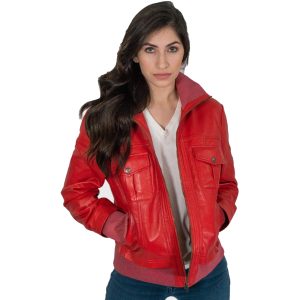 Womens Leather Bomber Jacket Red
