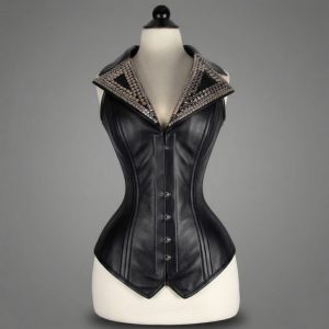 Oxvolt Luxury Black Leather Overbust Corset with Studded Collar – Gothic Statement Waist Trainer