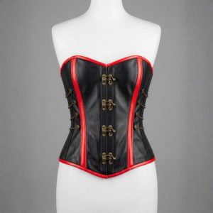Oxvolt Premium Black Leather Overbust Corset with Red Trim & Front Clasp Closure