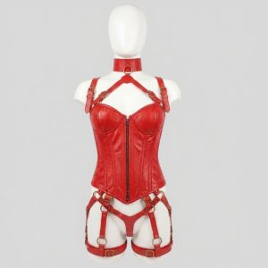 Oxvolt Premium Red Leather Corset Harness Set – Handmade Adjustable Strappy Bustier with Garters